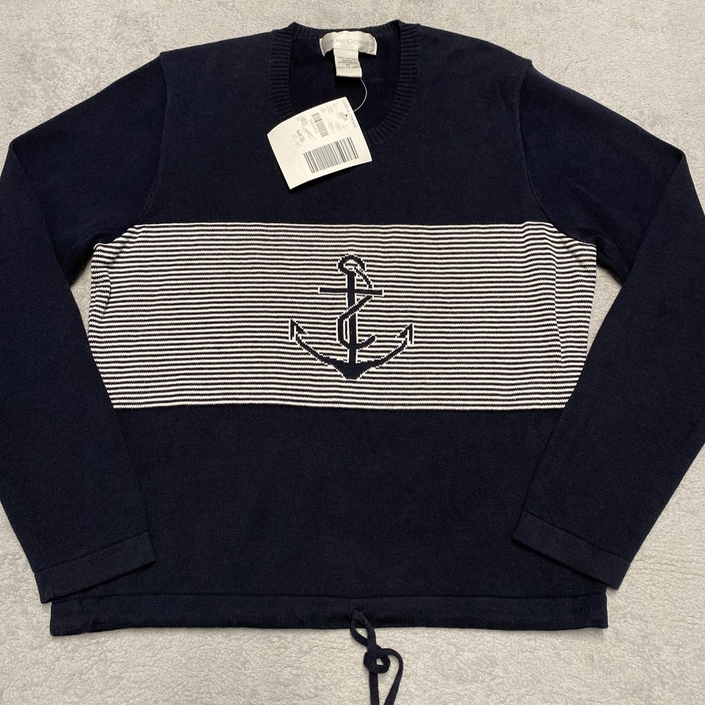 Vintage Casual Corner Sweater Womens M Navy Blue Anchor Knit‎ 90s Nautical NEW